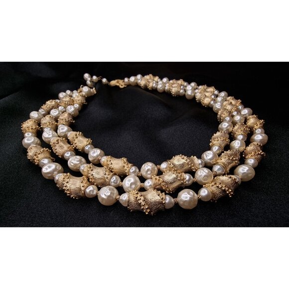 Vintage Trifari Gold-Tone & Pearl 3-Strand Necklace Elegant Statement Jewelry - Picture 1 of 5